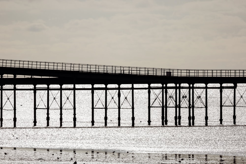 a long pier stretches out into the ocean