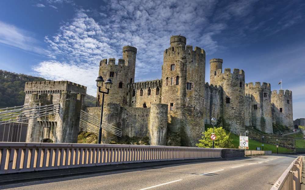 Un grande castello seduto sul lato di una strada