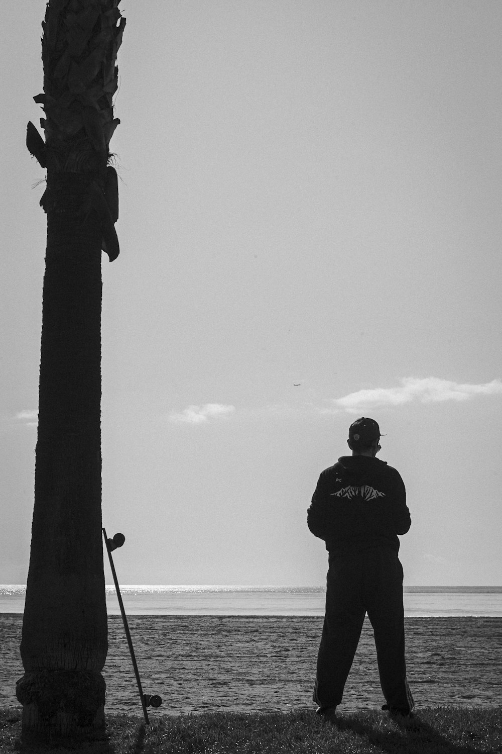 a man standing next to a tall palm tree