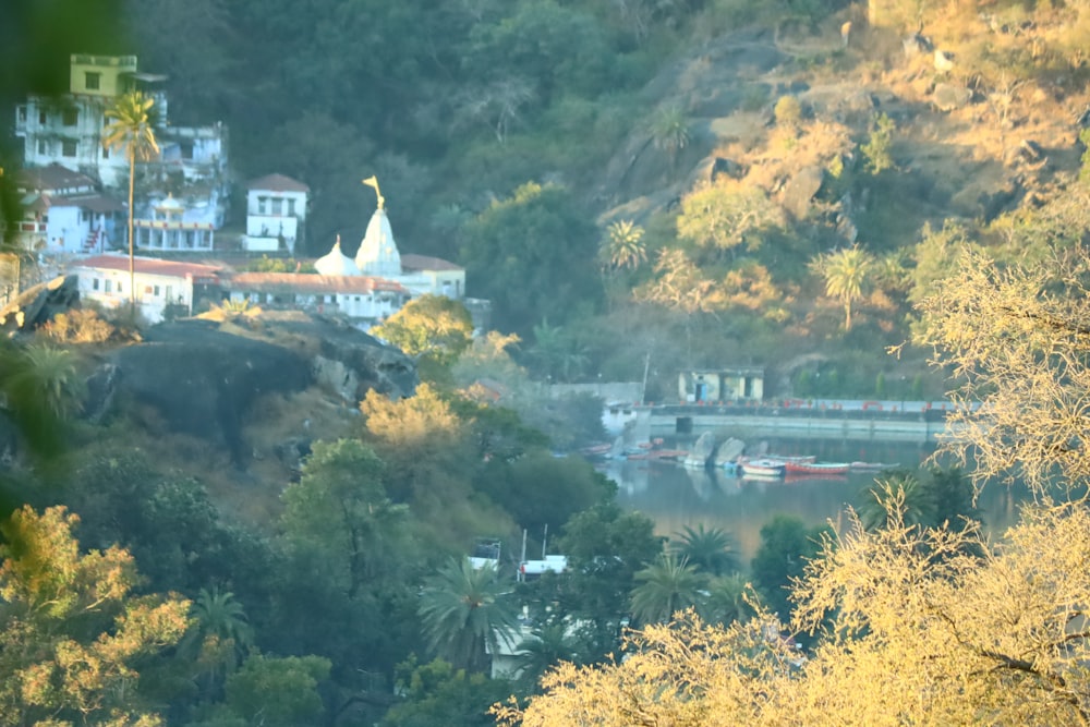 a scenic view of a village and a river