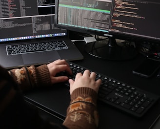 a person sitting at a desk with a laptop and a computer monitor