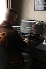 a man sitting in front of a computer on a desk