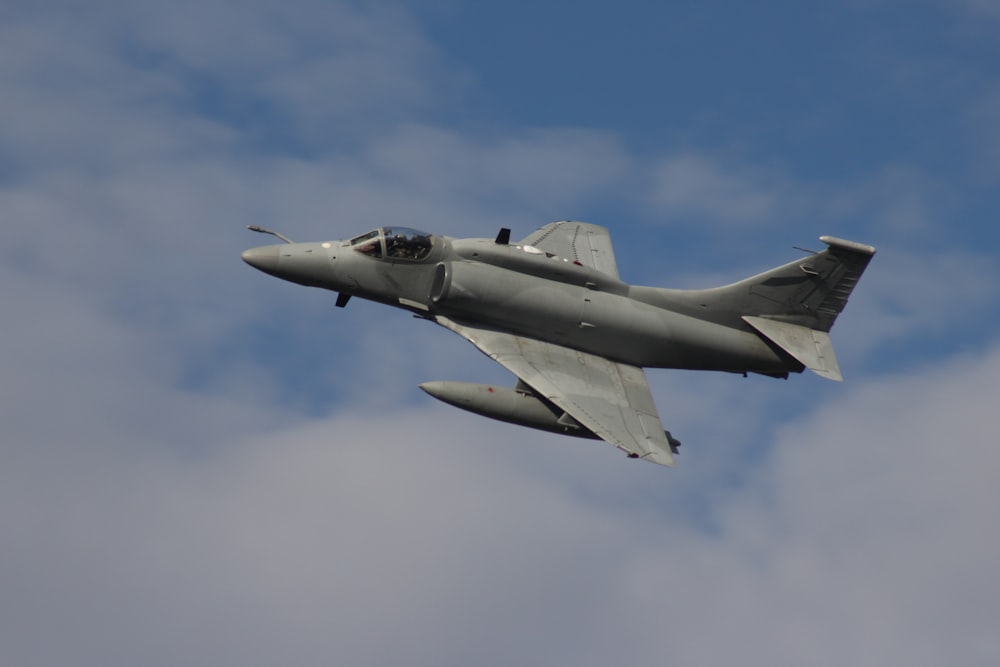 a fighter jet flying through a cloudy blue sky