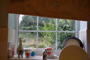 A cozy kitchen windowsill lined with potted herbs like rosemary and thyme in handmade ceramic pots