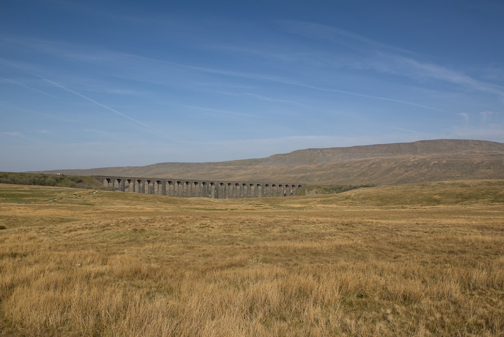 a train traveling over a bridge over a dry grass field