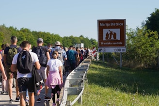 a large group of people walking on a road