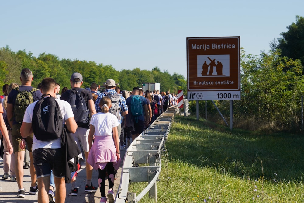 a large group of people walking on a road