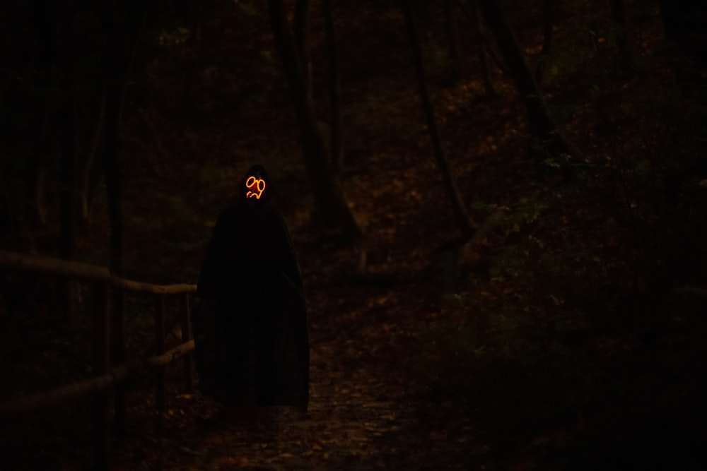 uma pessoa em um manto preto andando através de uma floresta escura