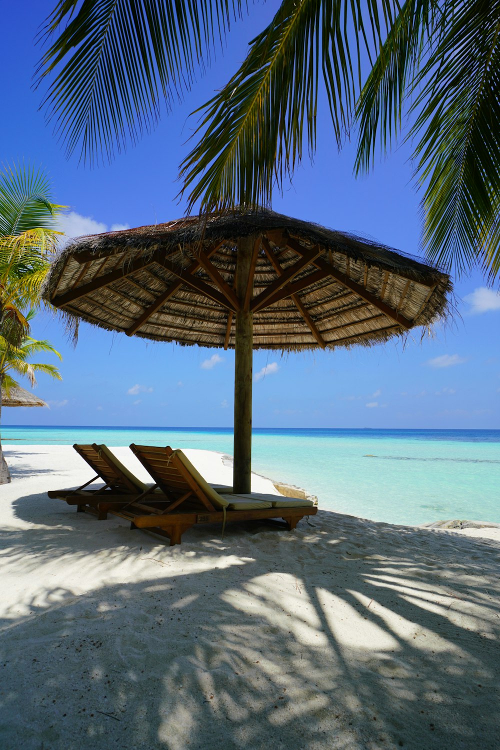 two lounge chairs under an umbrella on a beach