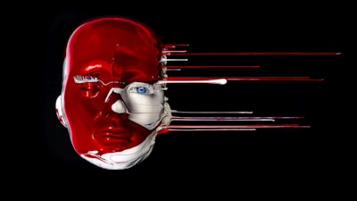 a close up of a person's face with red lines coming out of it