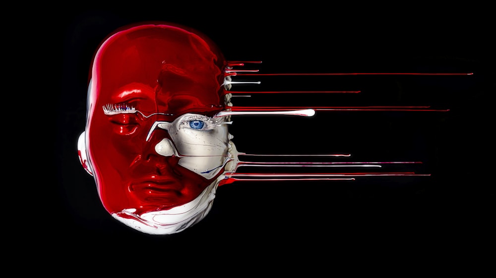 a close up of a person's face with red lines coming out of it