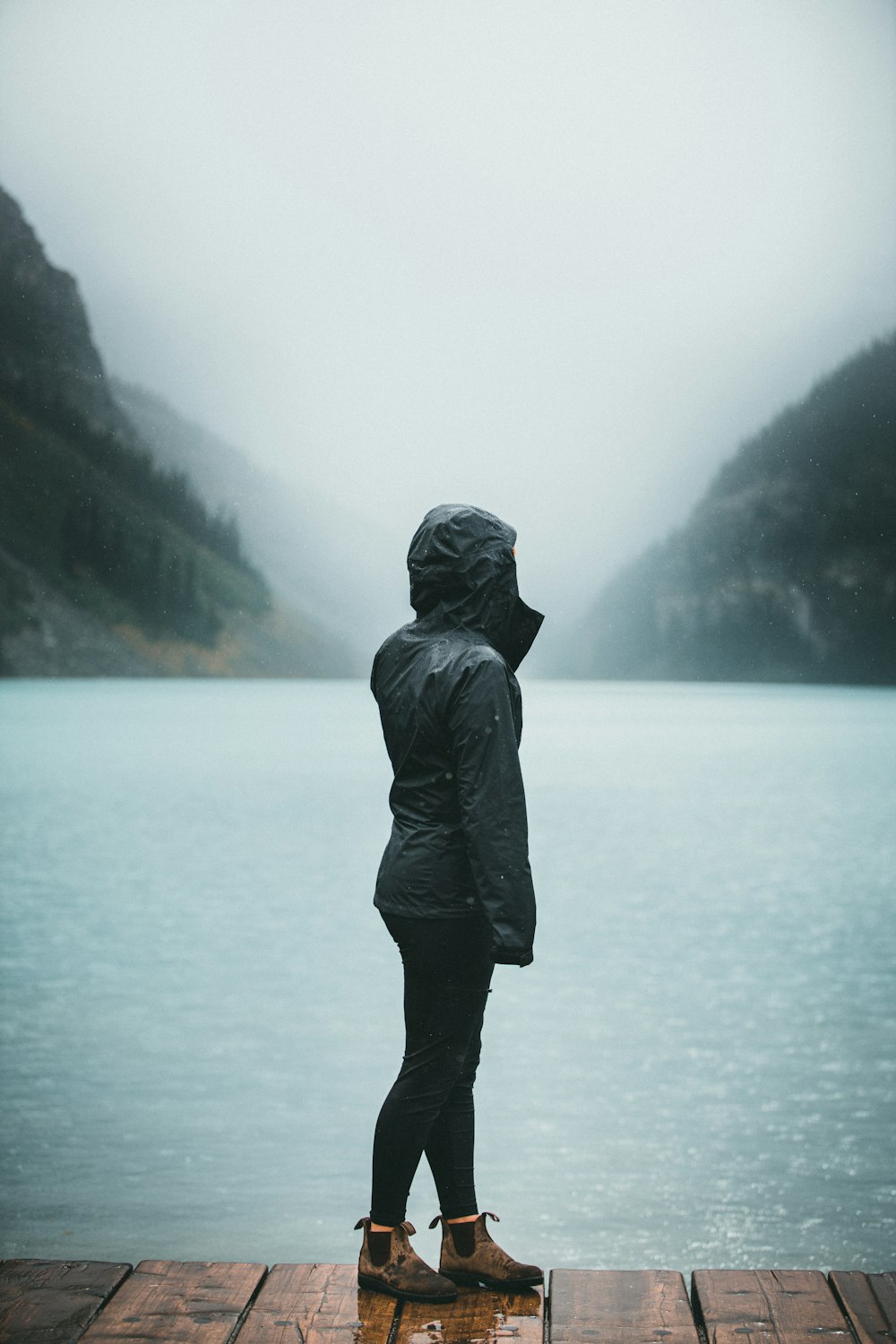 a person standing on a dock looking at a body of water