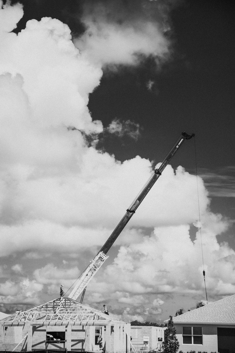 a black and white photo of a crane