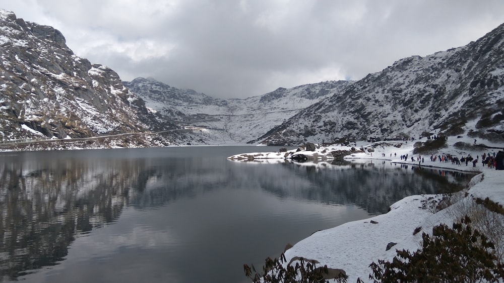 a mountain lake surrounded by snow covered mountains