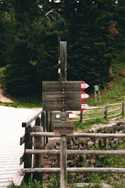 A rustic wooden signpost with handwritten milestones marking progress along a dirt path surrounded by wildflowers.