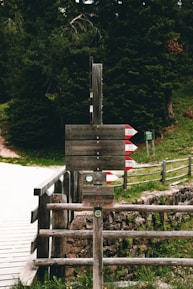 Rustic wooden signpost with green and earthy tones pointing towards cultural and rural tourism spots.