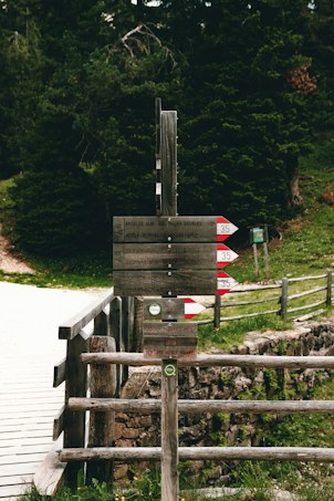 A rustic wooden signpost stands amidst a forest landscape, with several directional arrows pointing to different hiking paths. The background features dense green foliage and a wooden pathway.