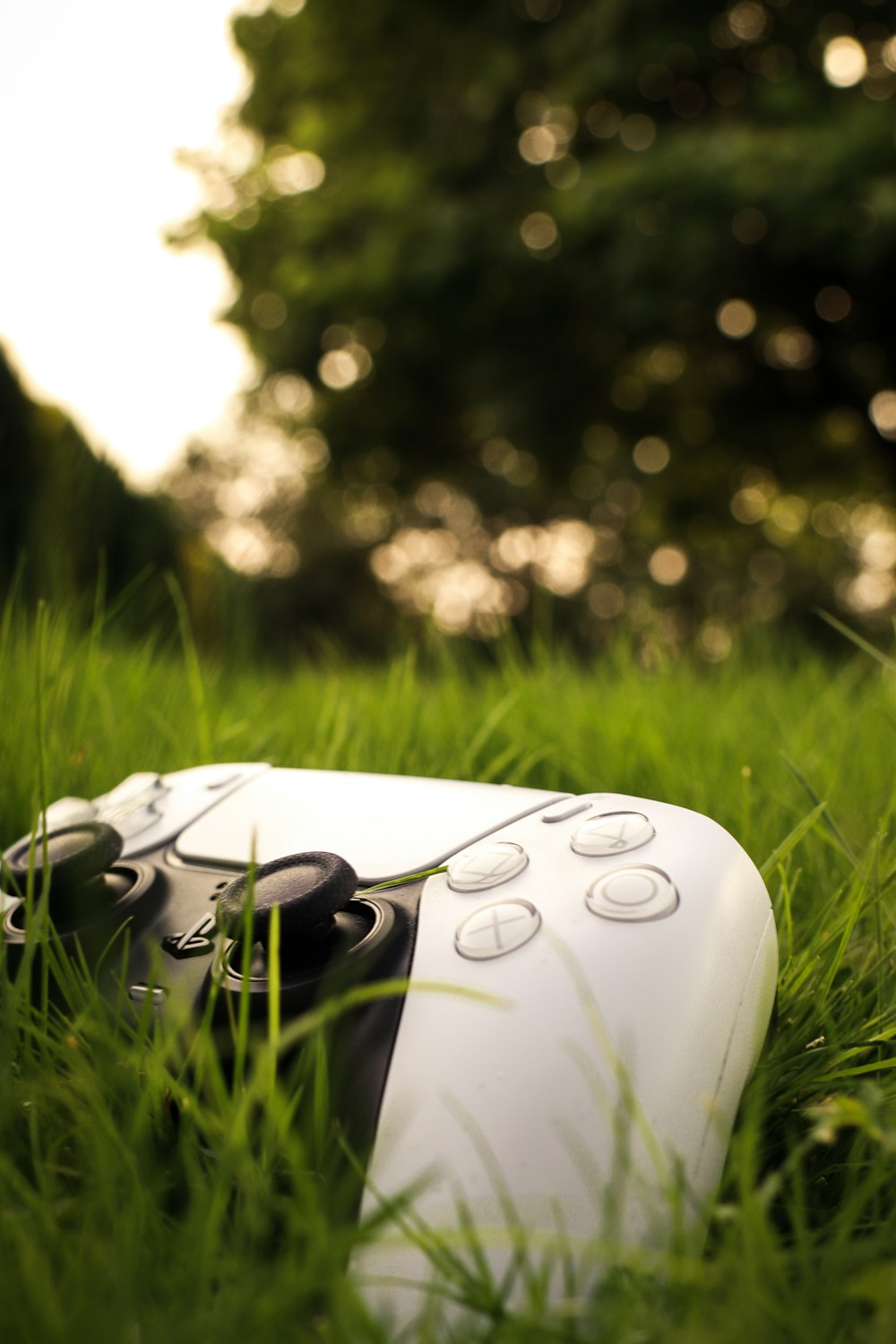 a wii remote laying in the grass with trees in the background