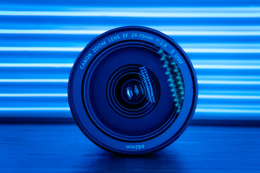 a close up of a camera lens on a table