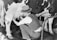 A person wearing a hat and a vest is kneeling down and milking a cow. The cow has a black and white coat, and the background includes a tiled floor.