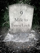 A weathered stone milestone marker with '9 Mile to Ferry Lock' etched on its surface, surrounded by grass and foliage.