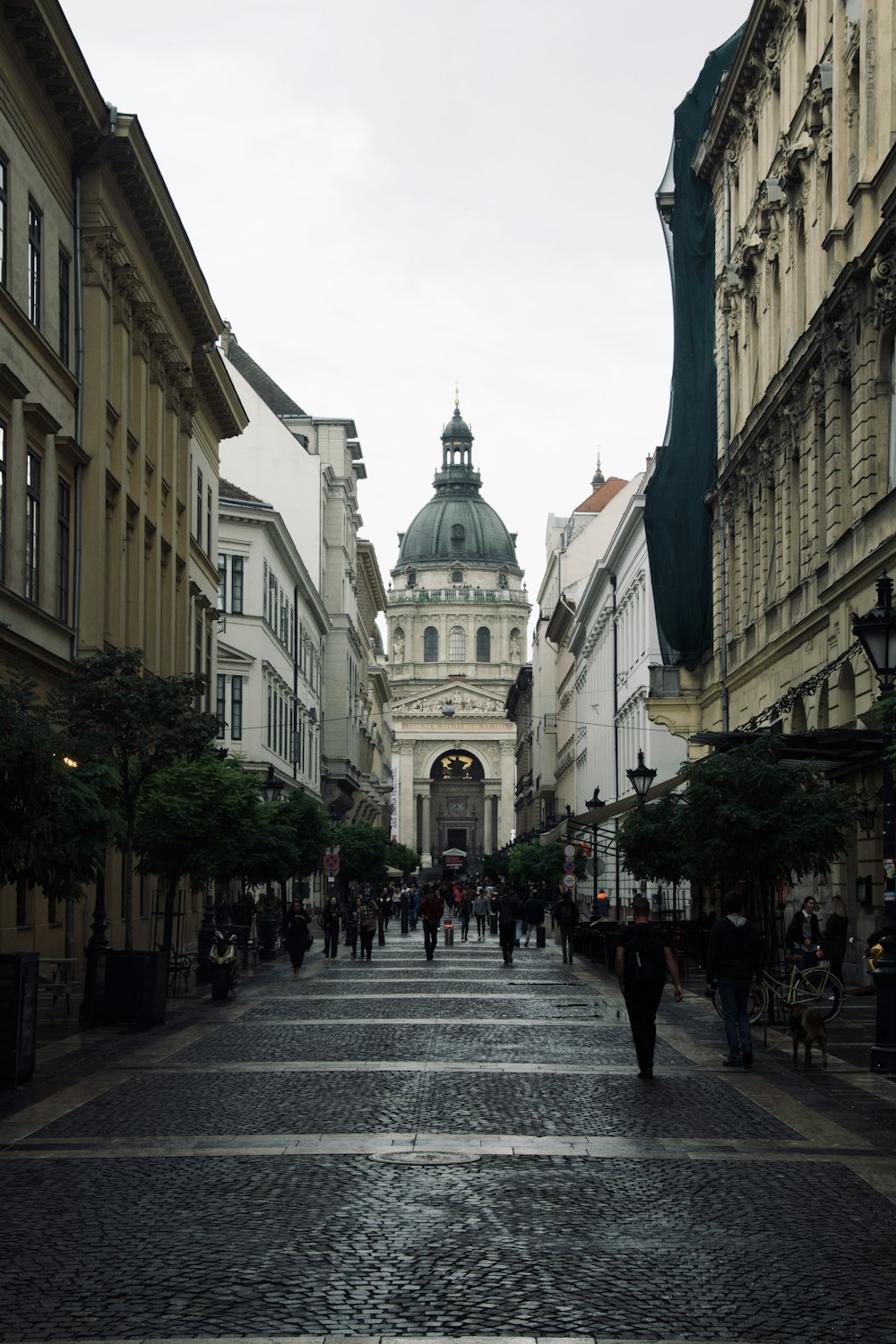 a city street with people walking down it