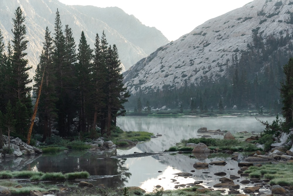 a mountain lake surrounded by trees and rocks