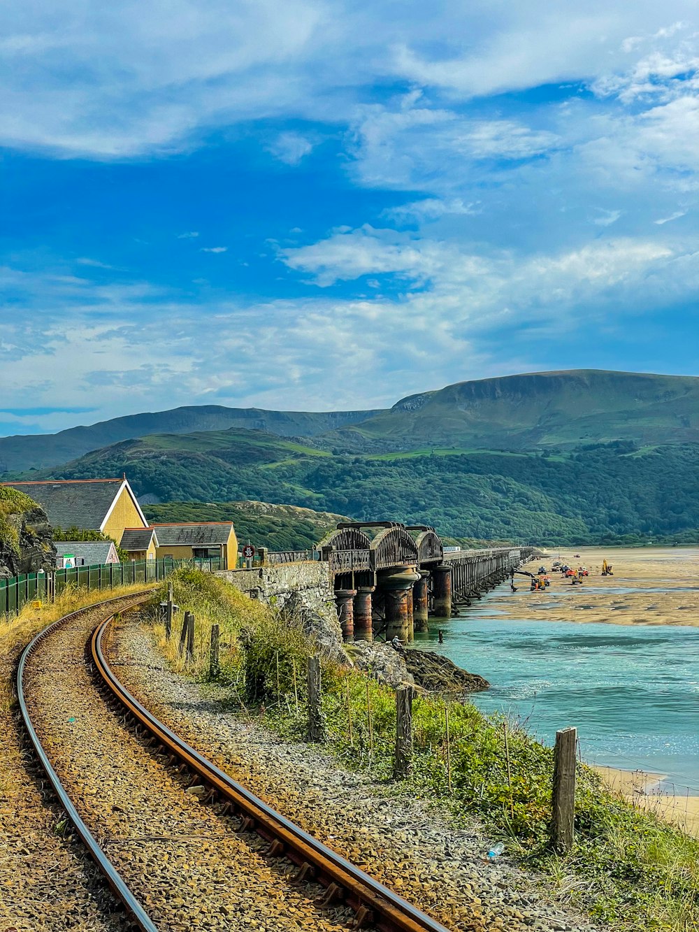 a train track running alongside a body of water