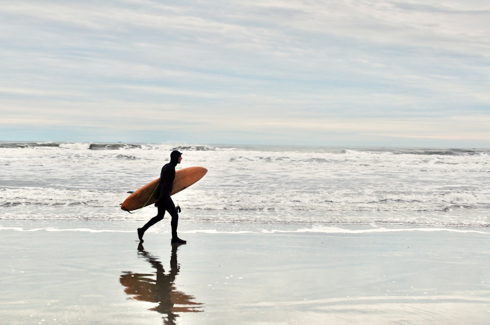 a person walking on the beach with a surfboard