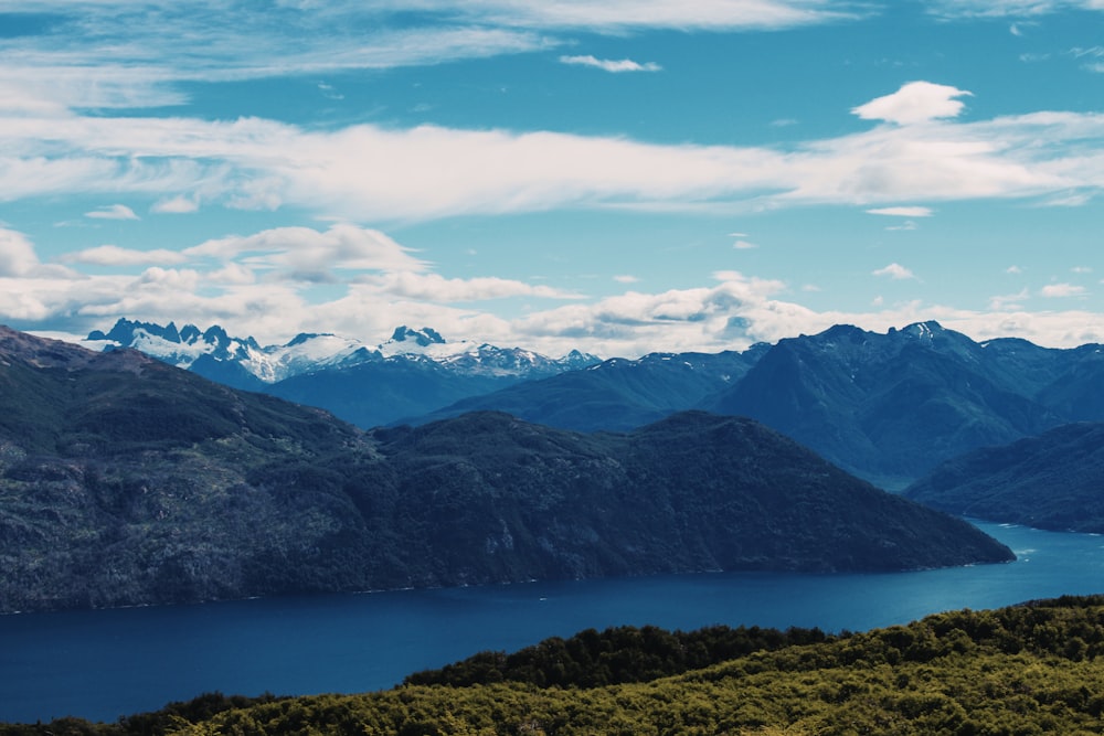 a scenic view of a lake surrounded by mountains