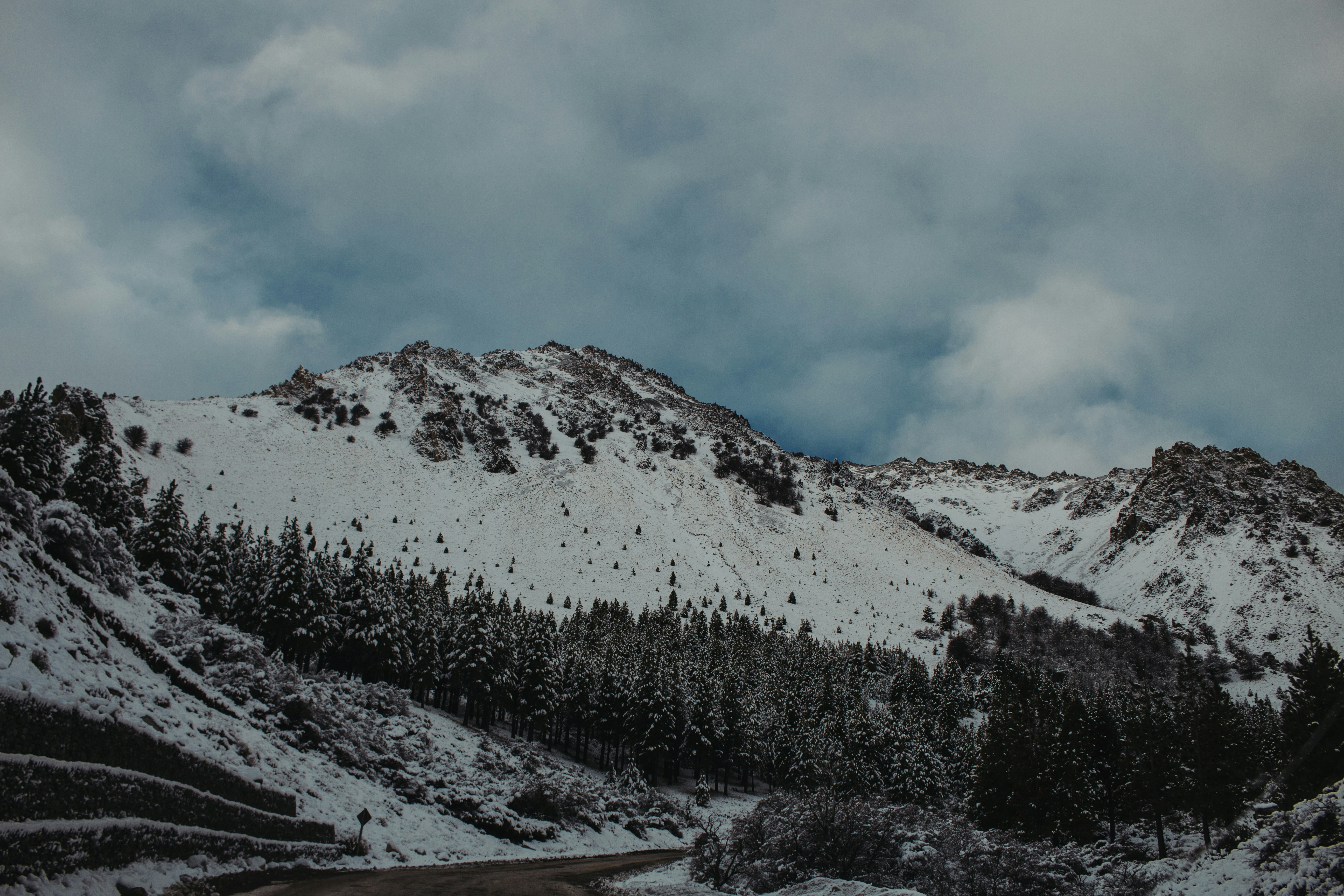 una montaña cubierta de nieve con una carretera en primer plano