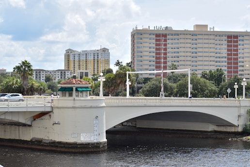 a bridge over a body of water with buildings in the background