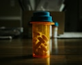 a bottle filled with pills sitting on top of a wooden table