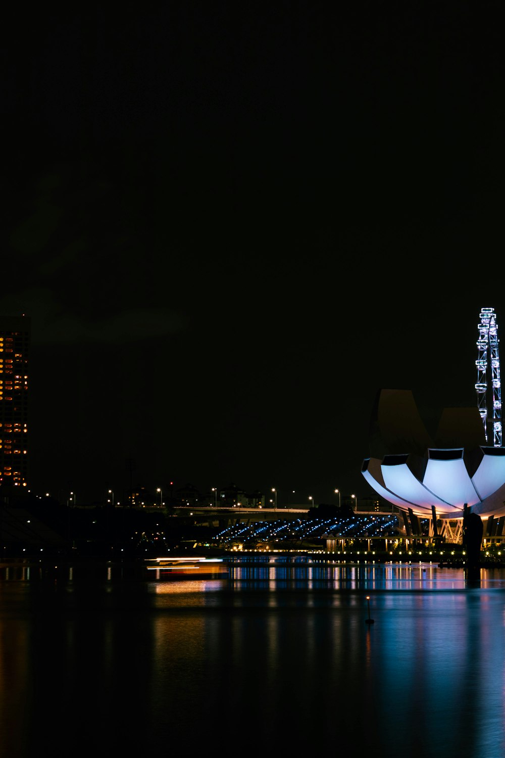 a view of a building lit up at night