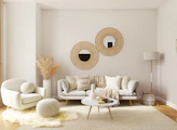 a living room filled with furniture and a mirror