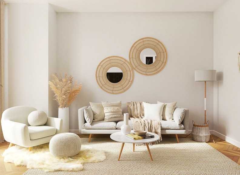 Neutral colored living room with modern decor.
