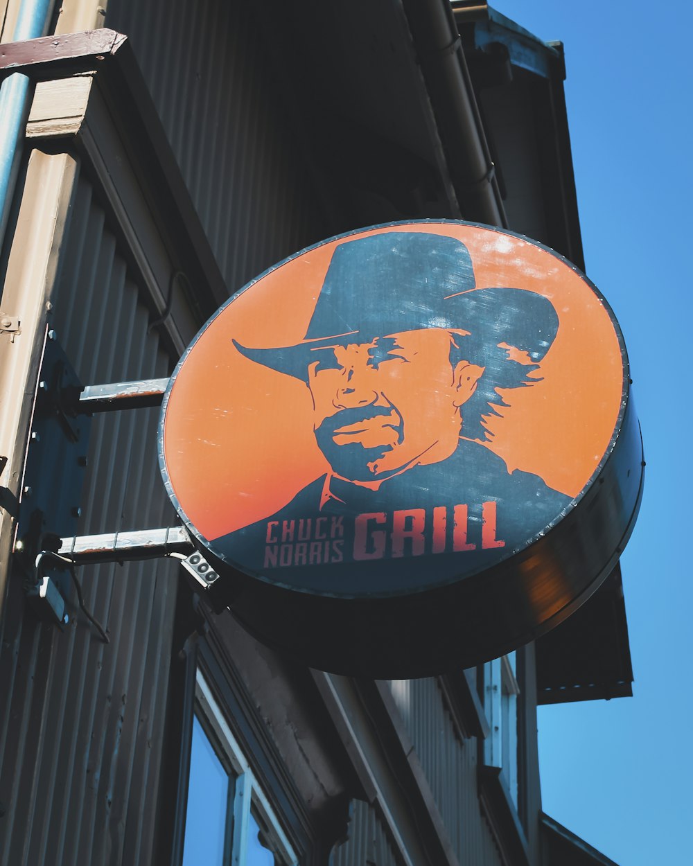 a sign that has a picture of a man in a hat on it