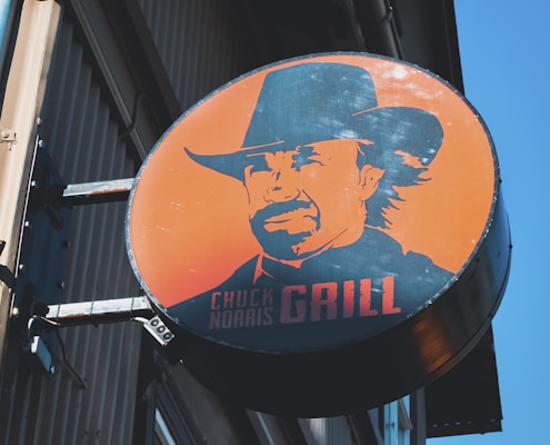 a sign that has a picture of a man in a hat on it