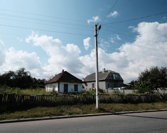 Two houses are situated in a rural area, surrounded by greenery and partially clouded sky. A wooden fence runs along the foreground, with a utility pole and power lines overhead. The atmosphere is peaceful, with an overgrown garden and trees surrounding the homes.