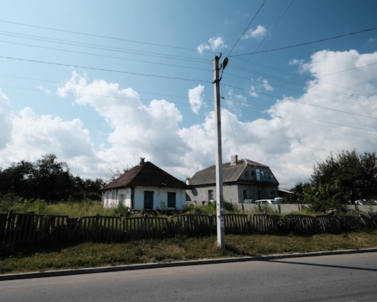 Two houses are situated in a rural area, surrounded by greenery and partially clouded sky. A wooden fence runs along the foreground, with a utility pole and power lines overhead. The atmosphere is peaceful, with an overgrown garden and trees surrounding the homes.