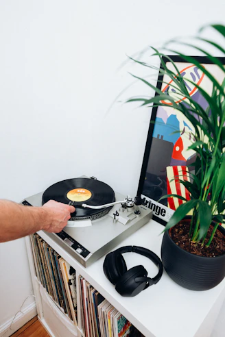 a person holding a record player next to a potted plant