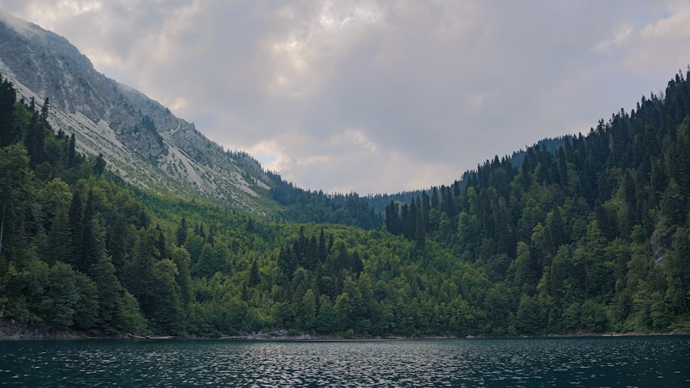 a lake surrounded by trees and mountains under a cloudy sky