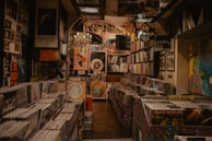 A cozy, dimly-lit record store with vinyl records neatly organized in bins. The walls are adorned with vibrant posters and framed pictures. A chandelier hangs from the ceiling, adding a vintage touch. The space feels cluttered yet inviting, filled with eclectic music paraphernalia.