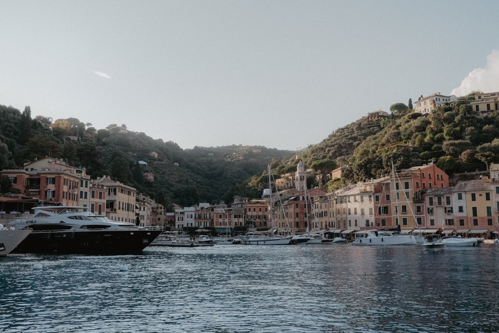 a harbor filled with lots of boats next to a hillside