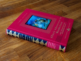 A hardcover book titled 'Alice's Adventures in Wonderland' is lying on a wooden surface. The book cover is predominantly pink with a small illustration in the center, depicting a scene from the story. The spine is decorated with a diamond pattern in blue and gold.
