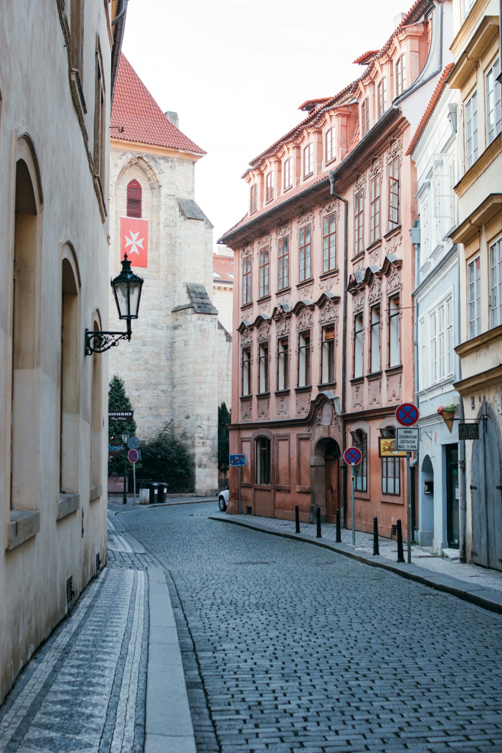 a cobblestone street in a european city