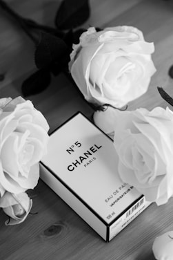 Minimalist black and white photo of elegant perfume decants arranged on a white surface.