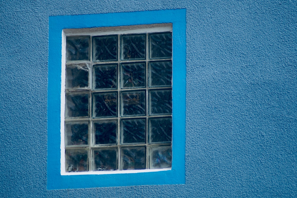 a blue wall with a window and a bird sitting on the window sill