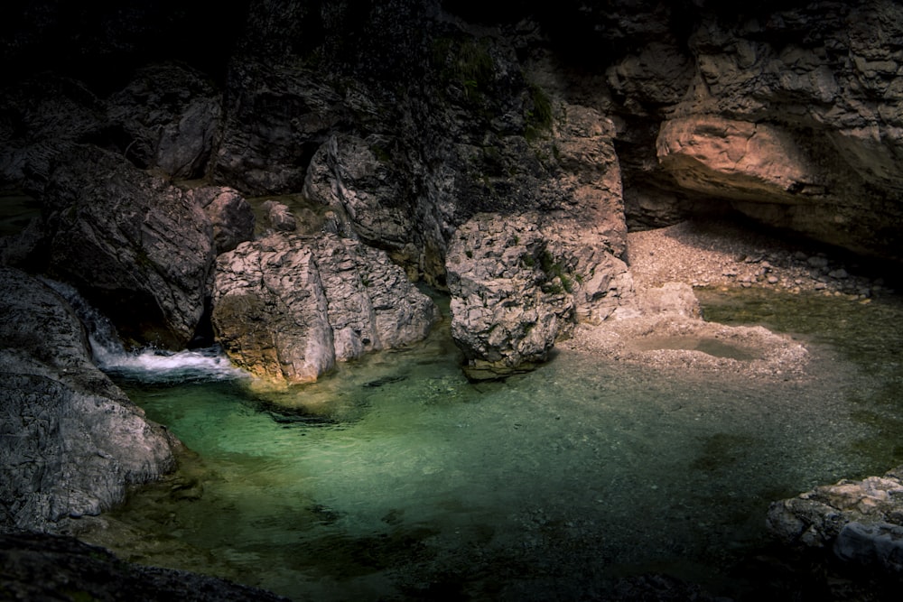 a small pool of water surrounded by rocks