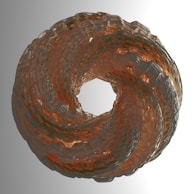A complex, transparent torus structure with intricate, interwoven patterns. The object appears to be made of a glass-like material, with shades of brown and an overall glossy texture. The background is a gradient from gray to white, enhancing the three-dimensional appearance of the torus.
